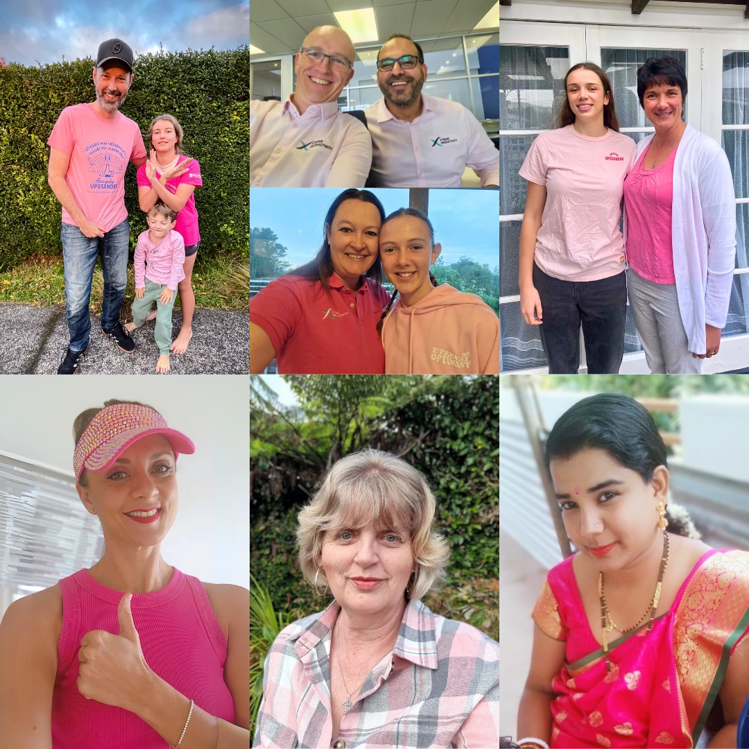 Image includes a collage of six pictures of XP staff wearing pink shirts and smiling 